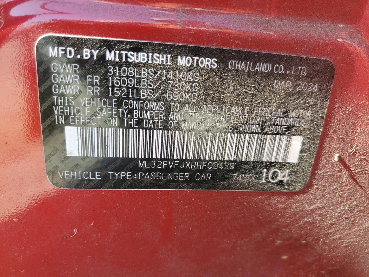 2024 MITSUBISHI MIRAGE G4 SE VIN:ML32FVFJXRHF09439