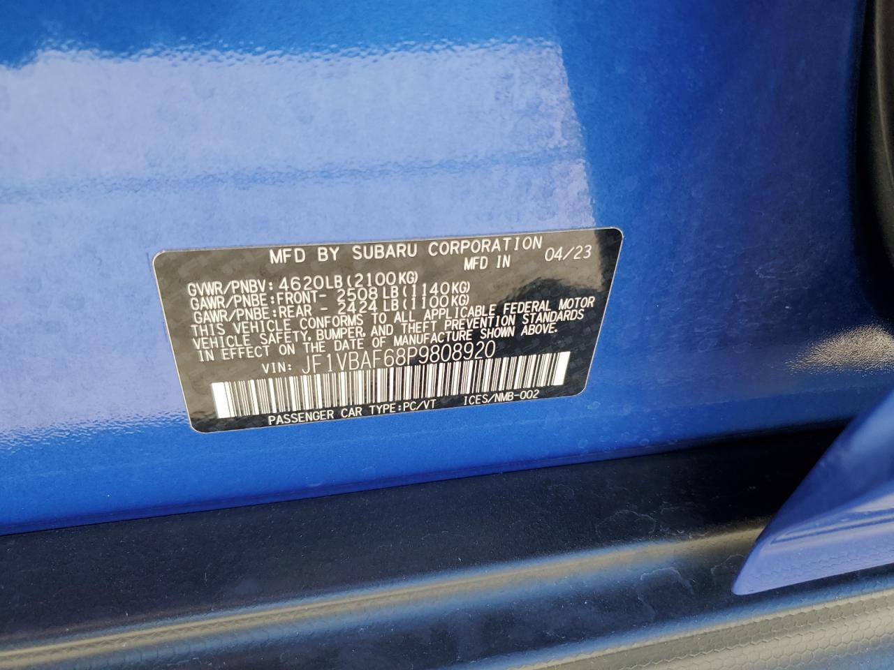 2023 SUBARU WRX PREMIUM VIN:JF1VBAF68P9808920