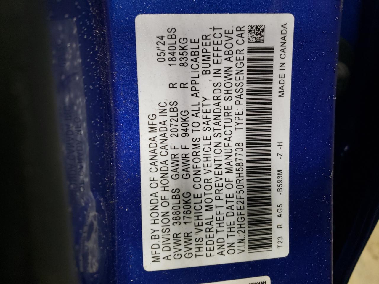 2024 HONDA CIVIC SPORT VIN:2HGFE2F50RH587708