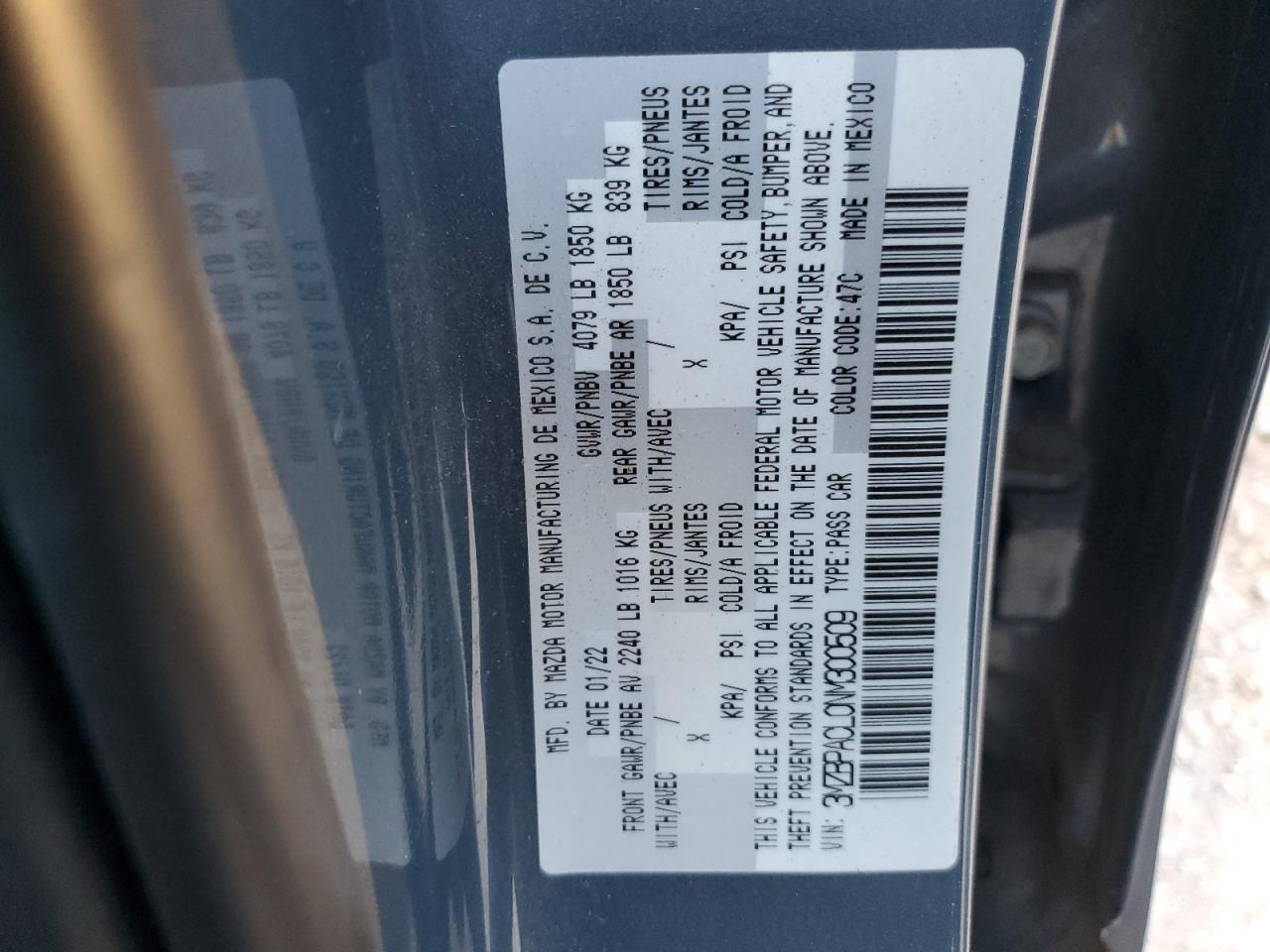 2022 MAZDA 3 PREFERRED VIN:3MZBPACL0NM300509