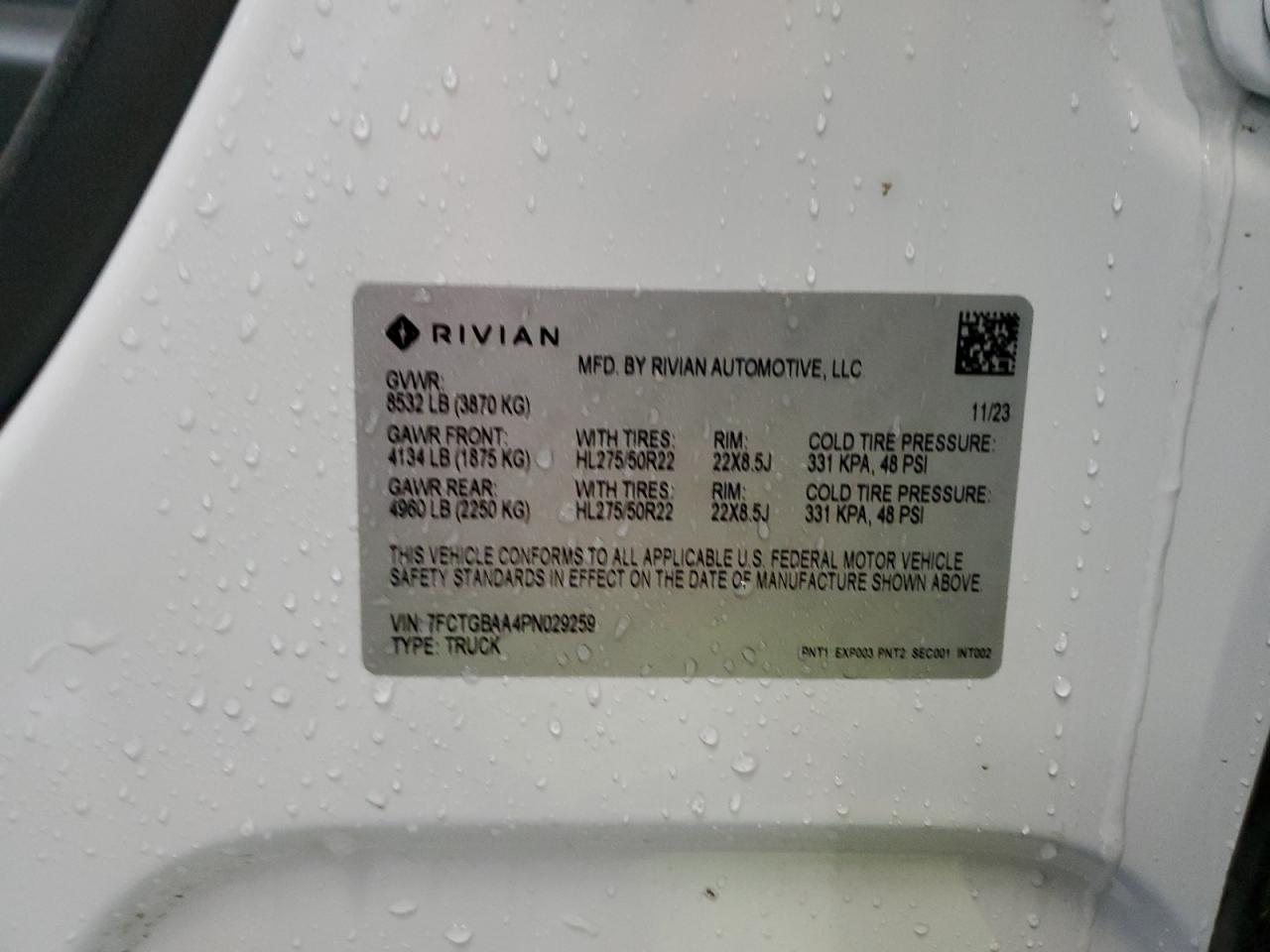 2023 RIVIAN R1T ADVENTURE VIN:7FCTGBAA4PN029259