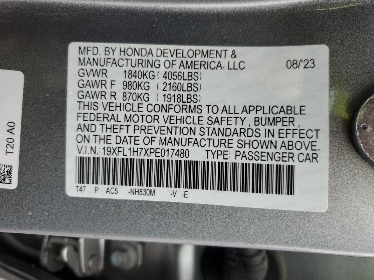 2023 HONDA CIVIC EXL VIN:19XFL1H7XPE017480