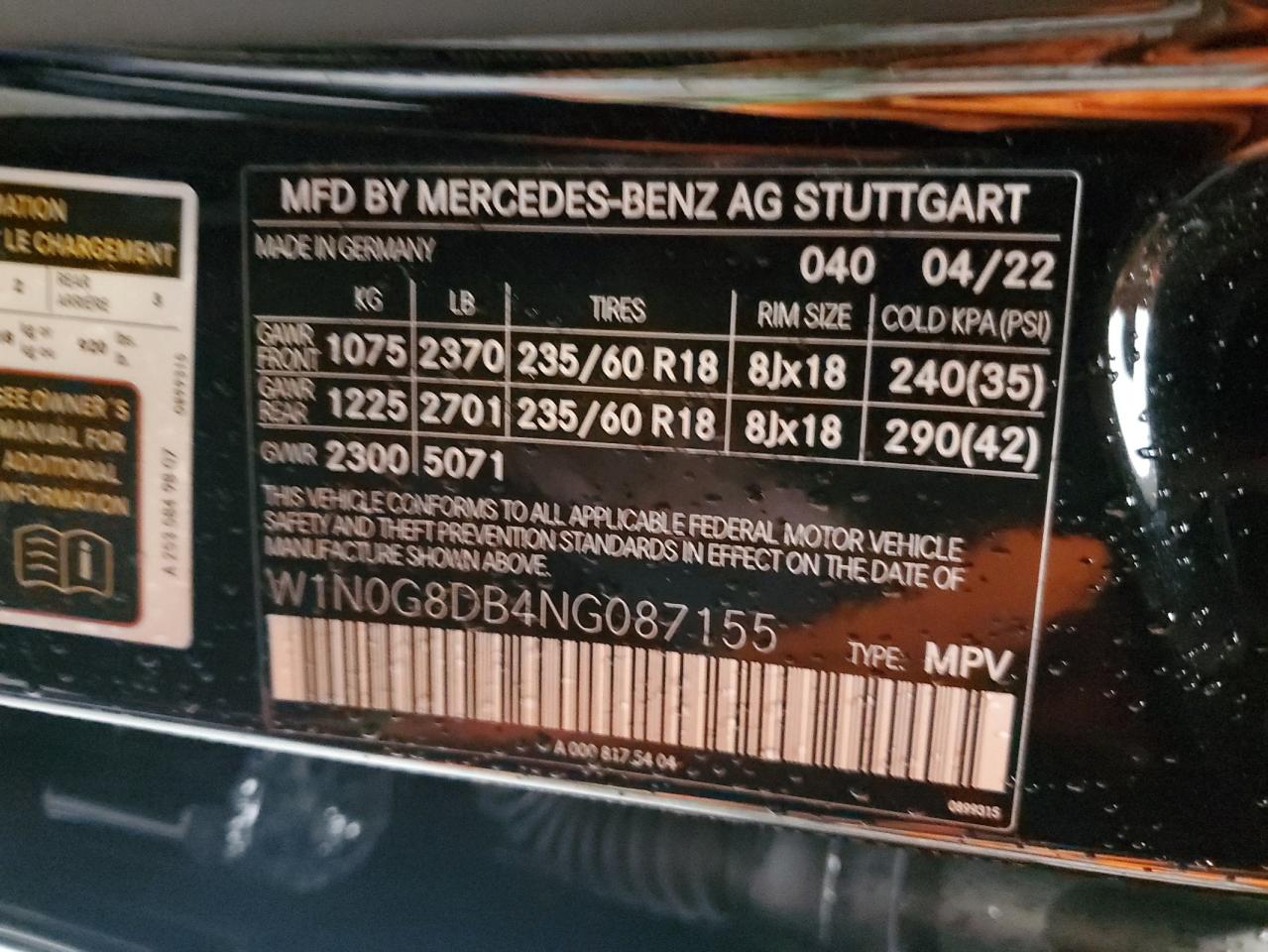 2022 MERCEDES-BENZ GLC 300 VIN:W1N0G8DB4NG087155