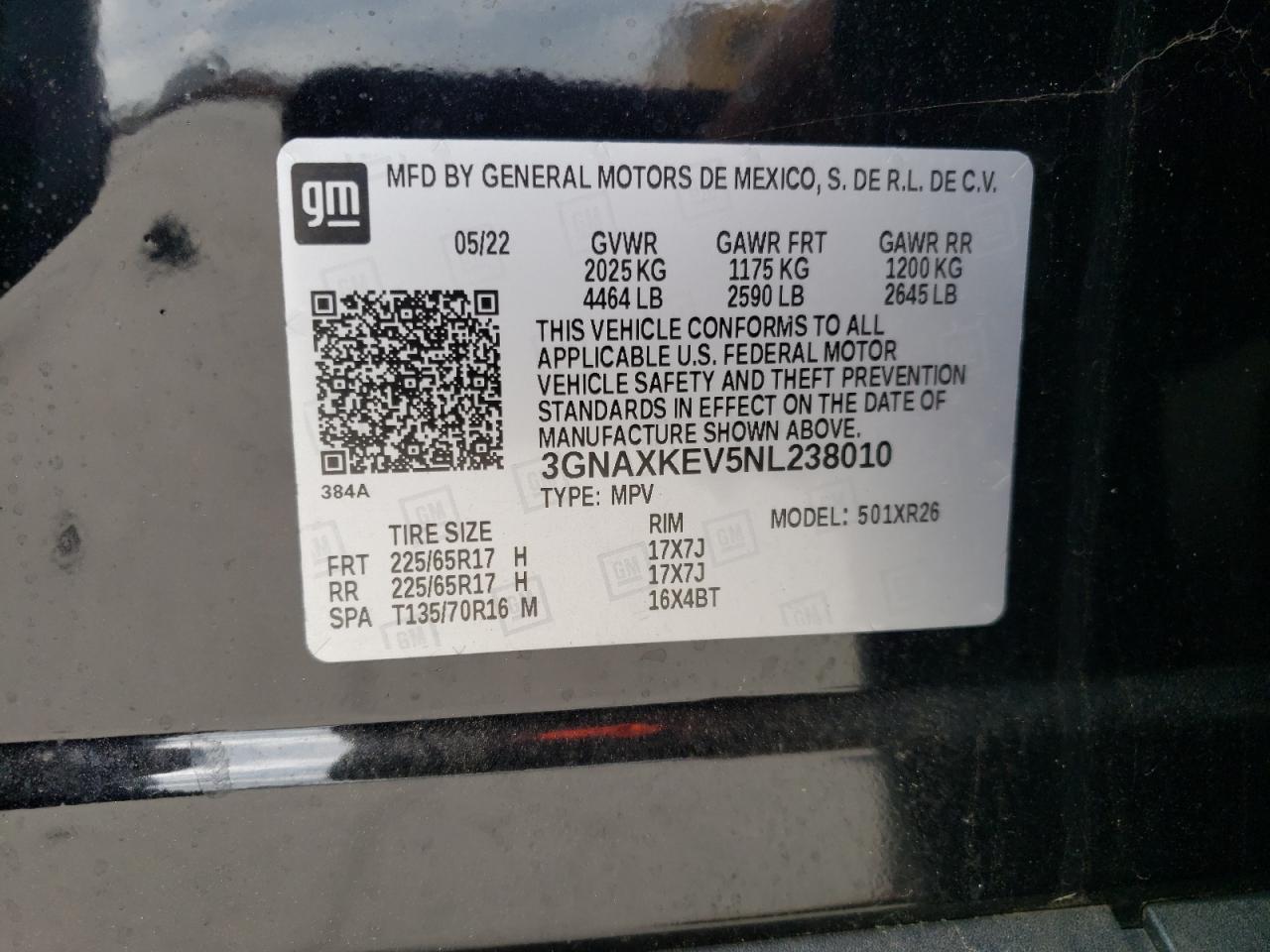 2022 CHEVROLET EQUINOX LT VIN:3GNAXKEV5NL238010