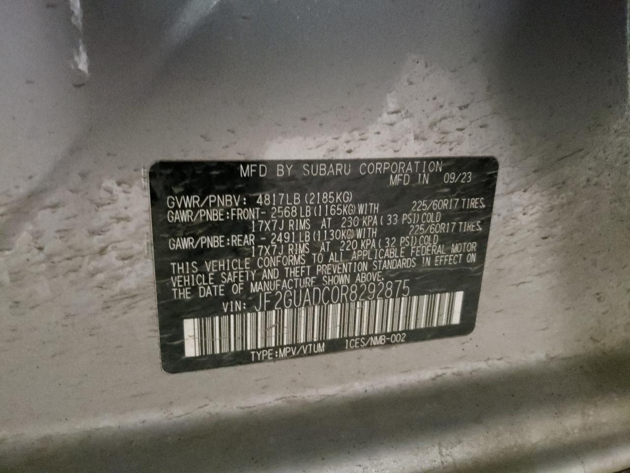 2024 SUBARU CROSSTREK PREMIUM VIN:JF2GUADC0R8292875