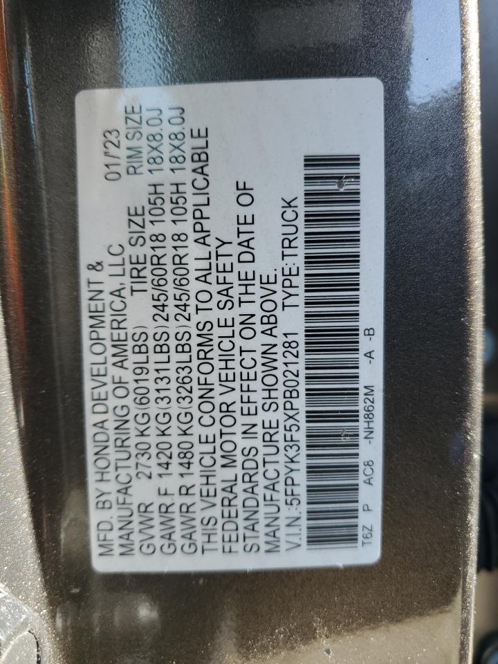 2023 HONDA RIDGELINE RTL VIN:5FPYK3F5XPB021281