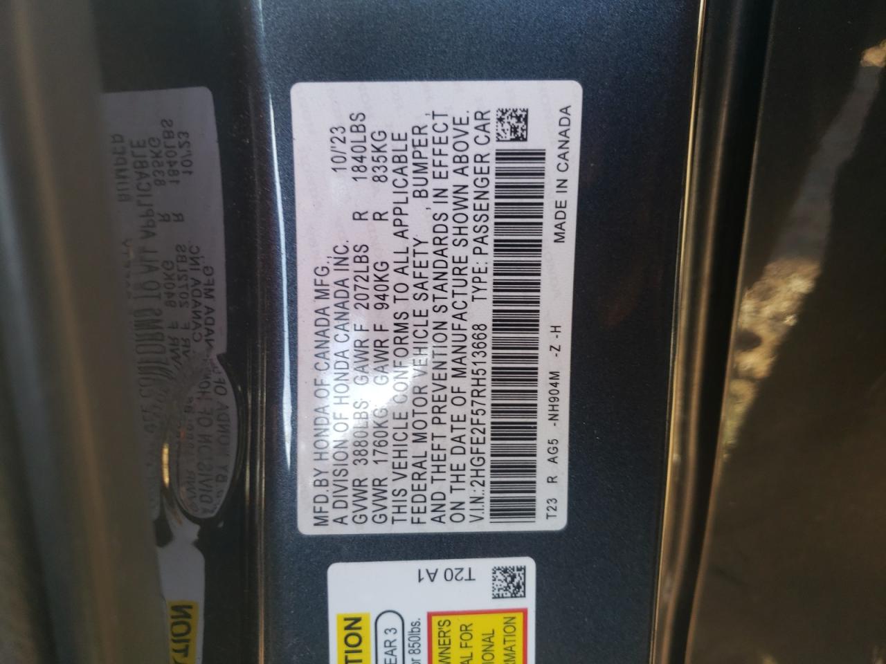2024 HONDA CIVIC SPORT VIN:2HGFE2F57RH513668