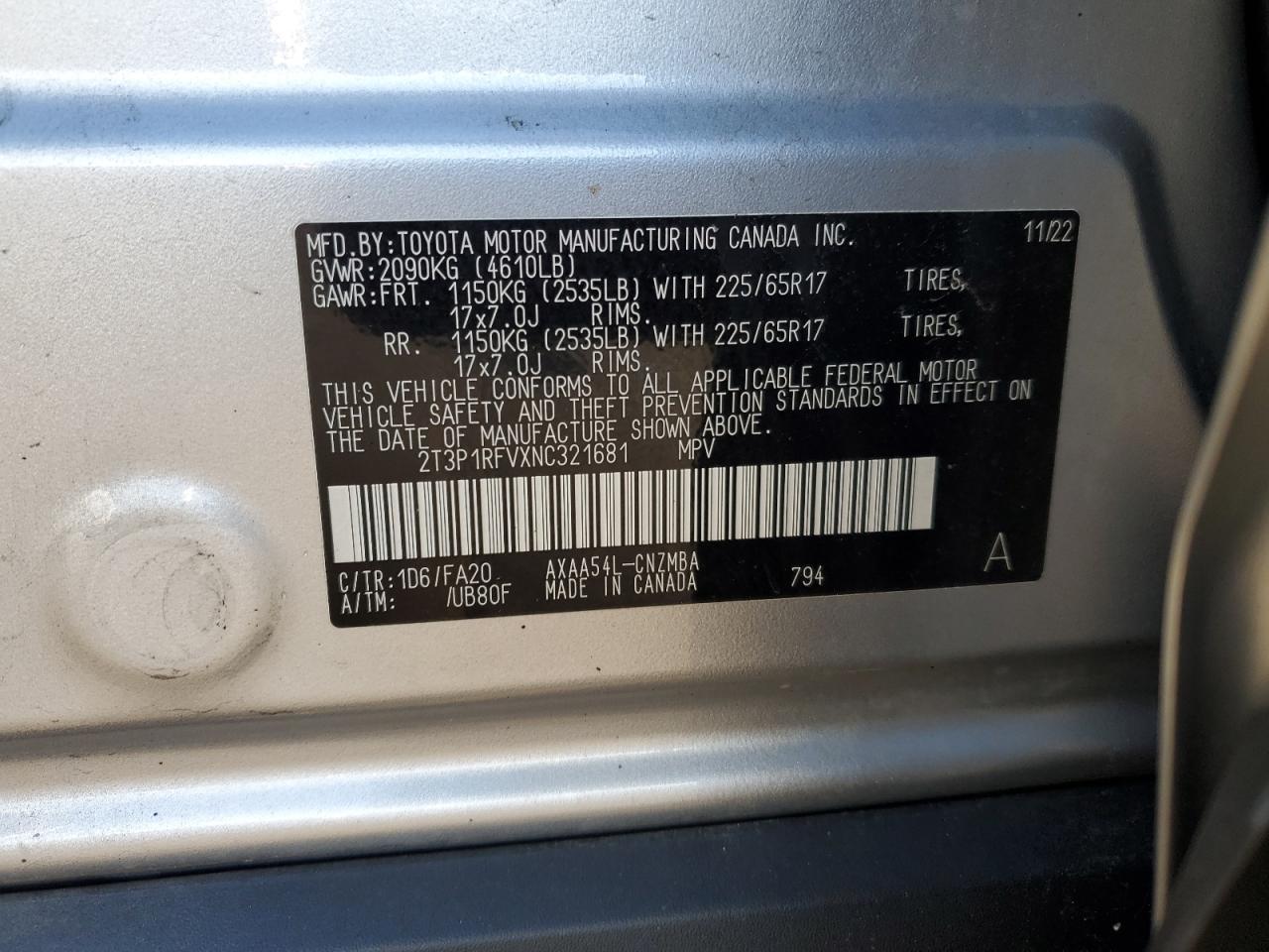 2022 TOYOTA RAV4 XLE VIN:2T3P1RFVXNC321681