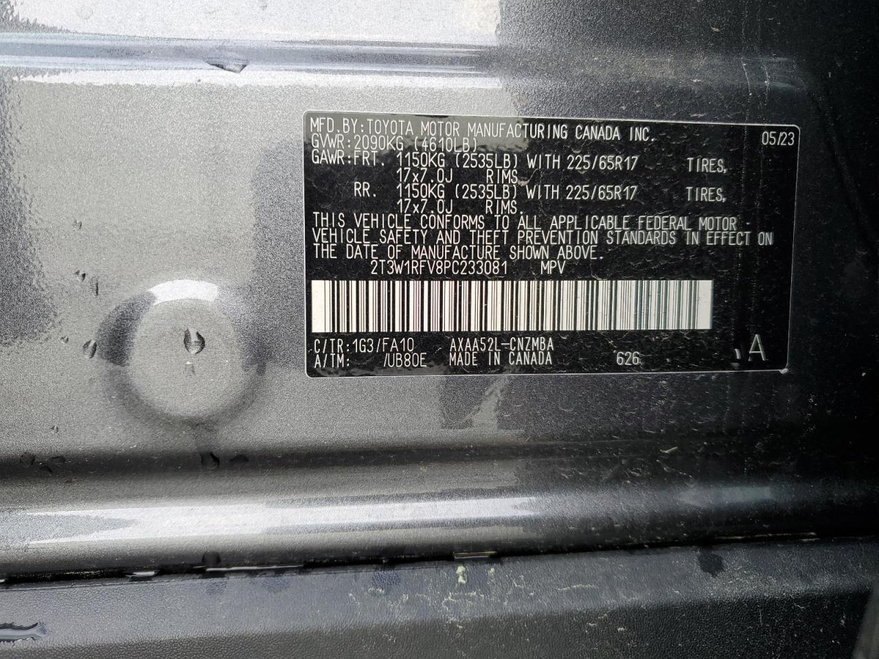 2023 TOYOTA RAV4 XLE VIN:2T3W1RFV8PC233081