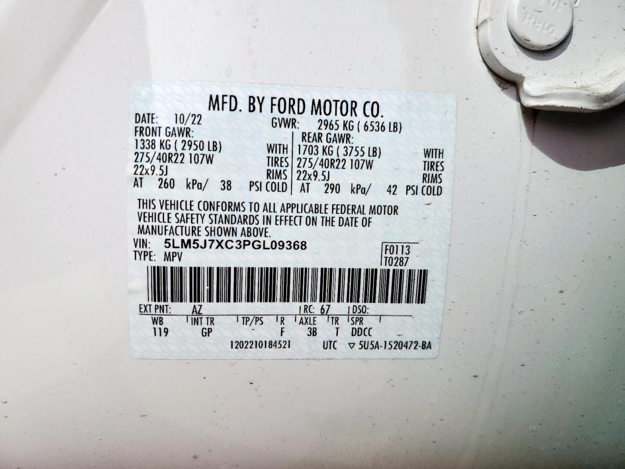 2023 LINCOLN AVIATOR RESERVE VIN:5LM5J7XC3PGL09368