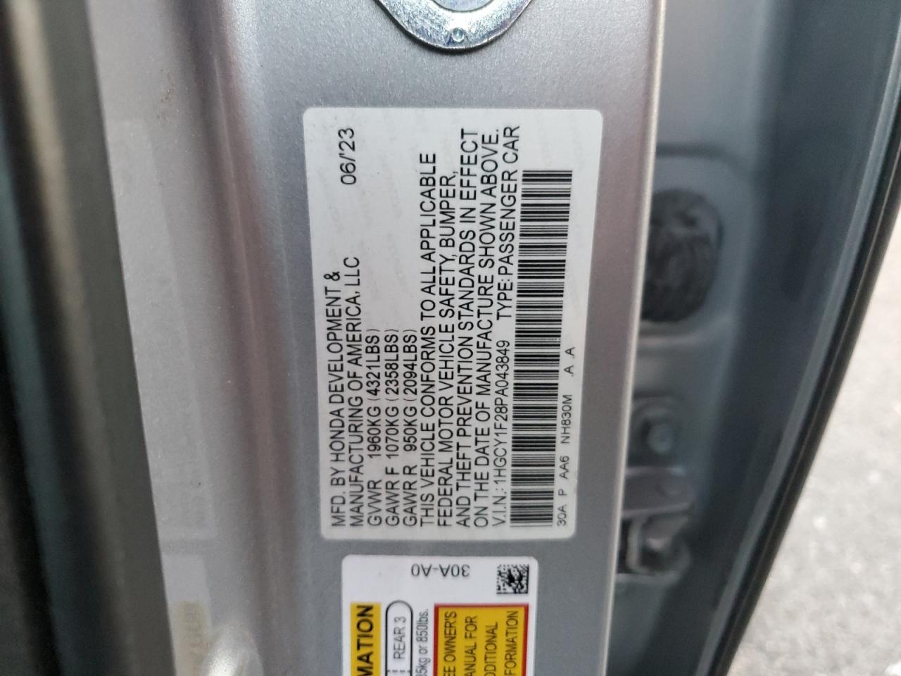 2023 HONDA ACCORD LX VIN:1HGCY1F28PA043849