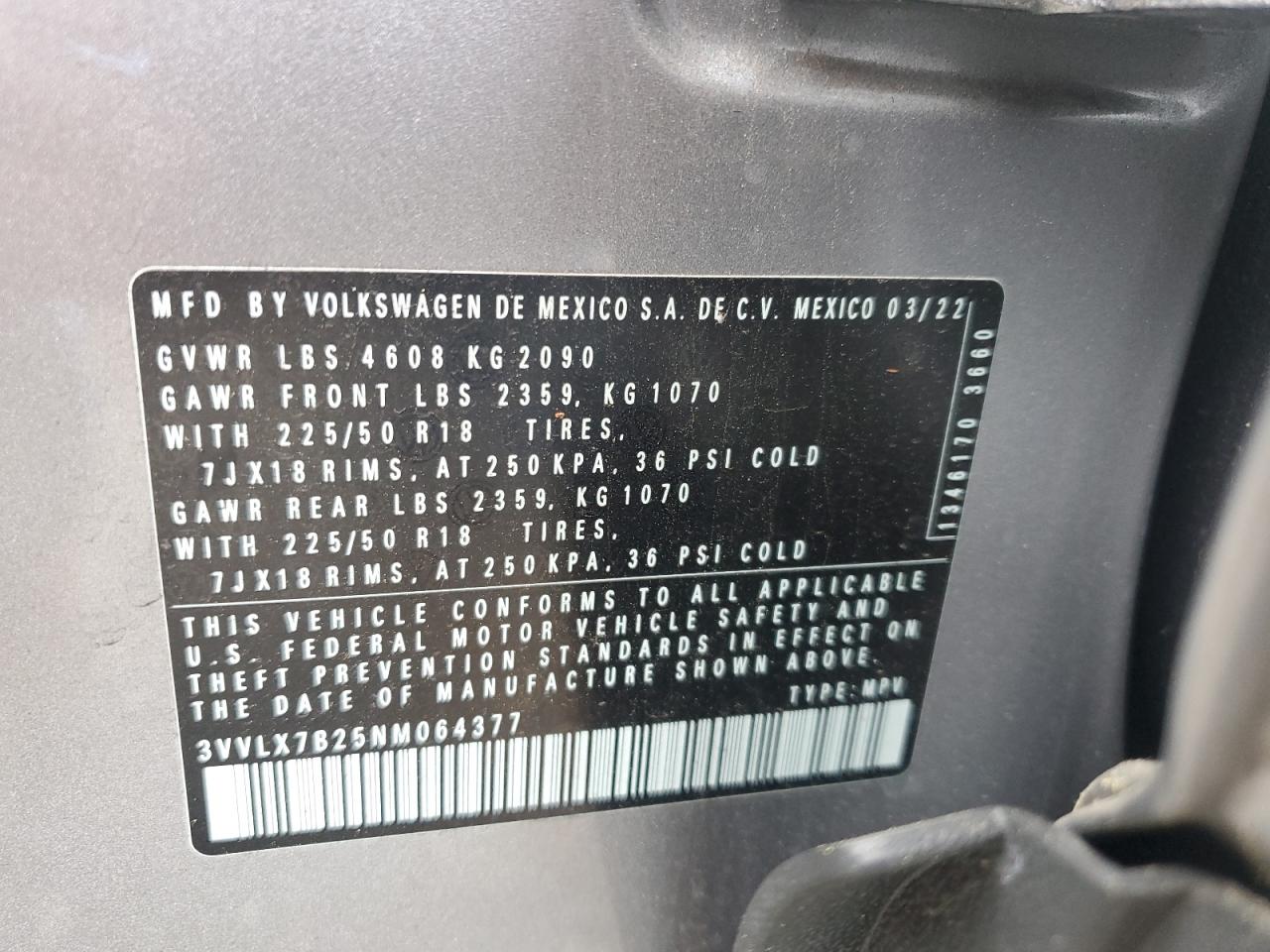 2022 VOLKSWAGEN TAOS SE IQ DRIVE VIN:3VVLX7B25NM064377