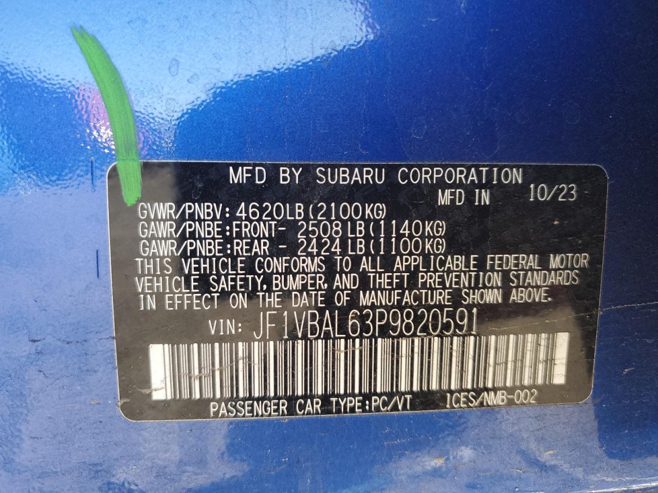 2023 SUBARU WRX LIMITED VIN:JF1VBAL63P9820591