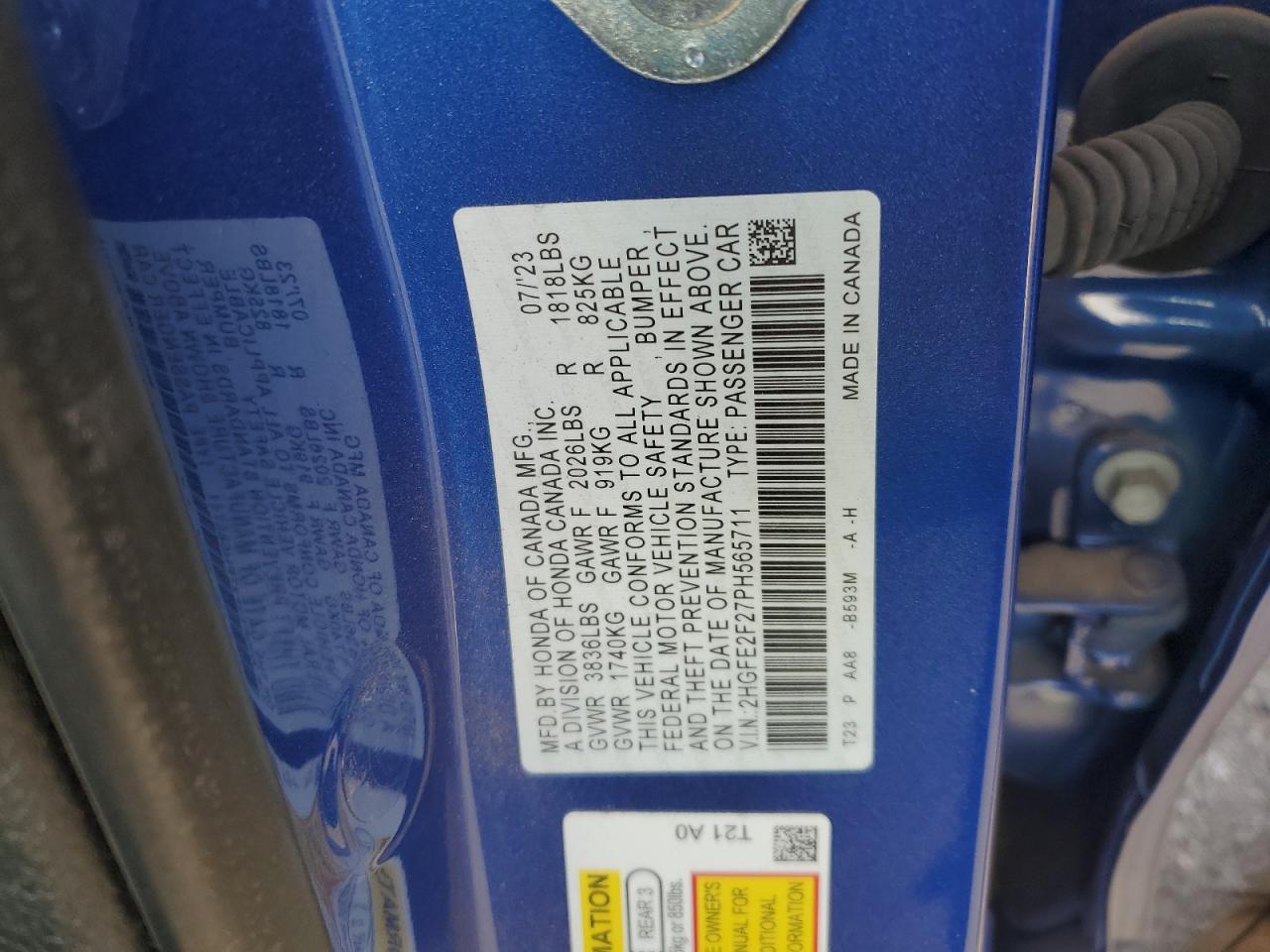 2023 HONDA CIVIC LX VIN:2HGFE2F27PH565711