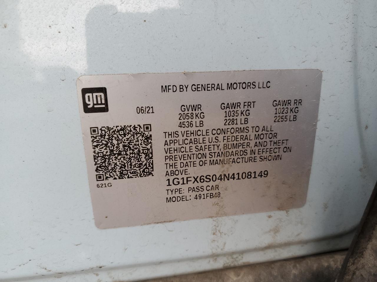 2022 CHEVROLET BOLT EV 2LT VIN:1G1FX6S04N4108149