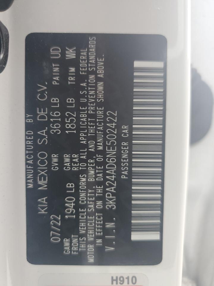 2022 KIA RIO LX VIN:3KPA24AD6NE502422