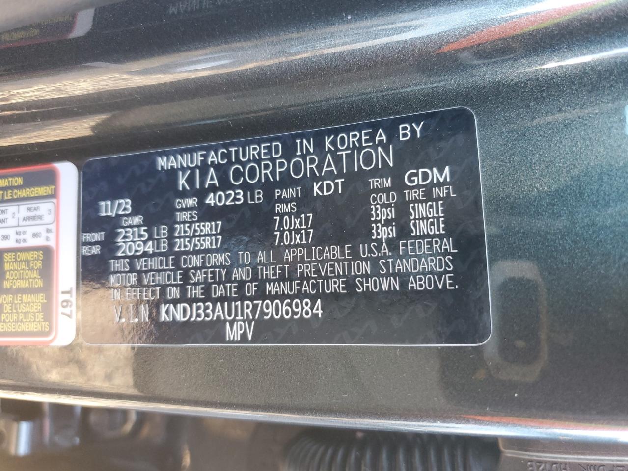 2024 KIA SOUL EX VIN:KNDJ33AU1R7906984