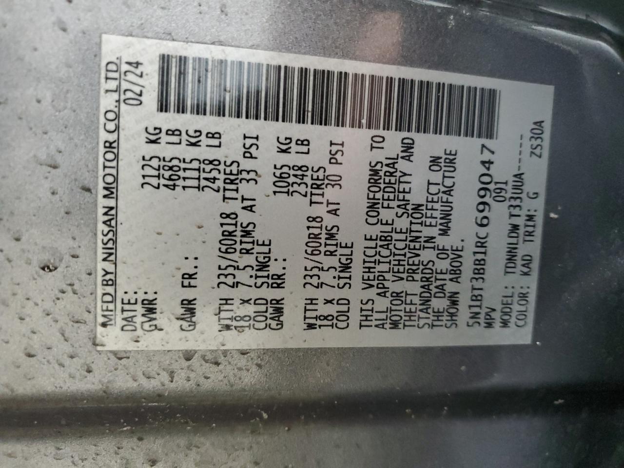 2024 NISSAN ROGUE SV VIN:5N1BT3BB1RC699047