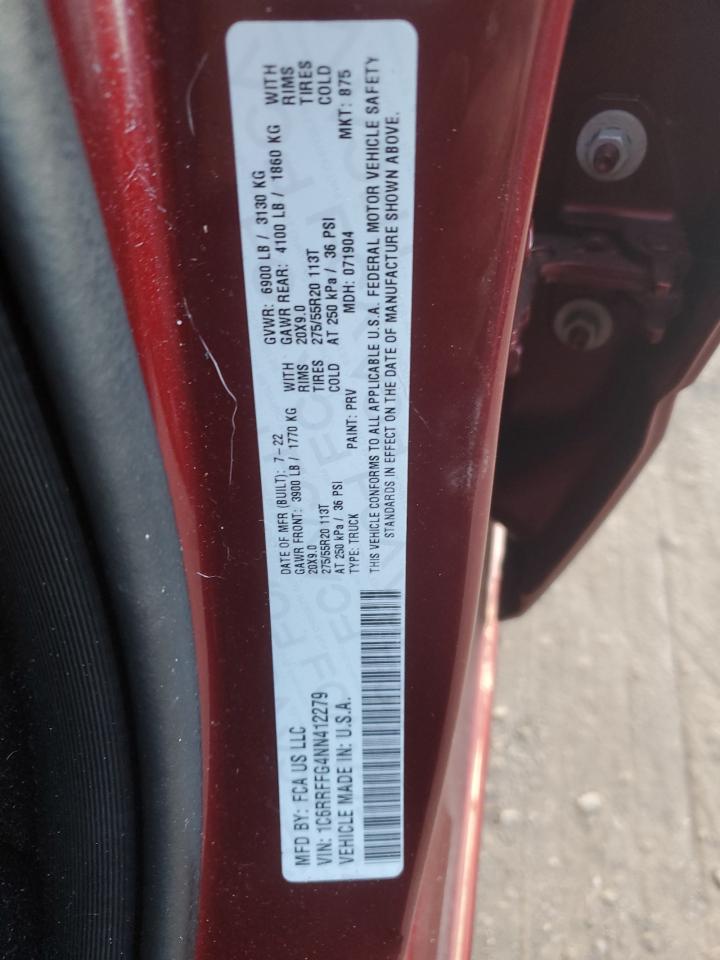 2022 RAM 1500 BIG HORN/LONE STAR VIN:1C6RRFFG4NN412279