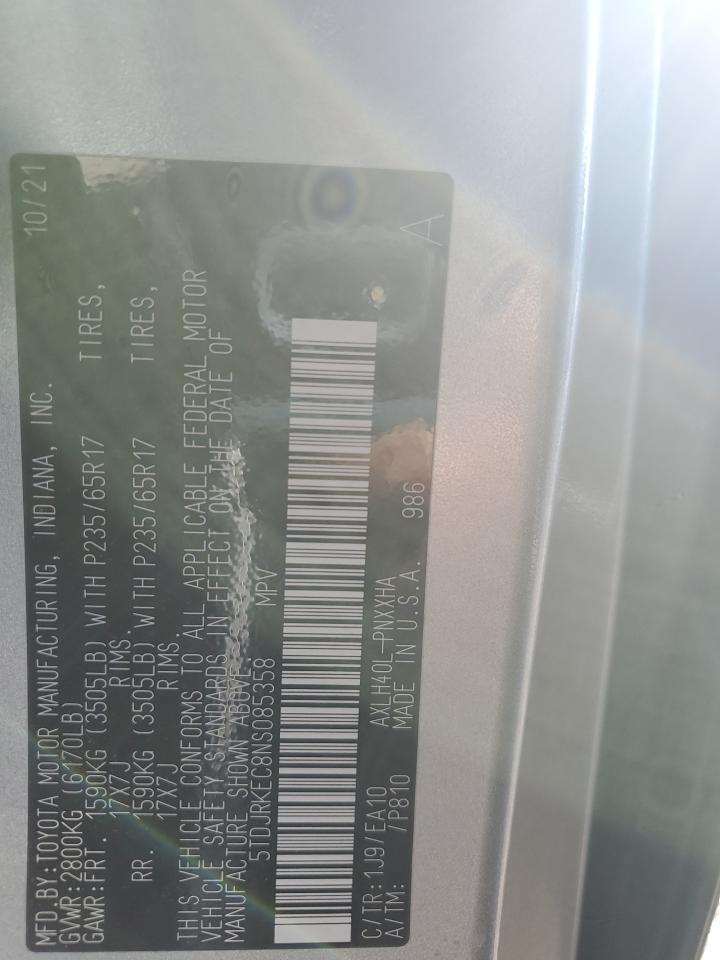 2022 TOYOTA SIENNA XLE VIN:5TDJRKEC8NS085358