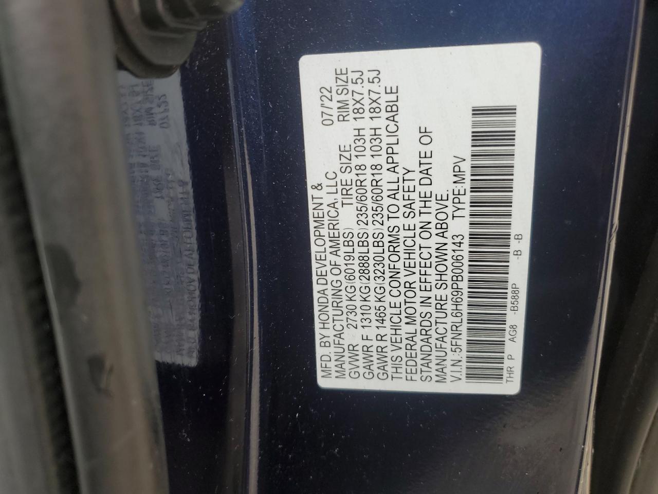 2023 HONDA ODYSSEY EXL VIN:5FNRL6H69PB006143
