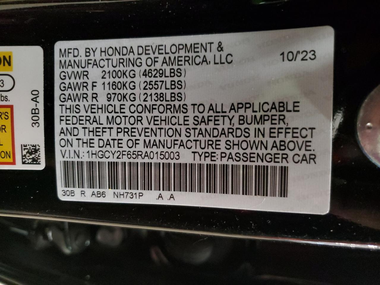 2024 HONDA ACCORD HYBRID EXL VIN:1HGCY2F65RA015003