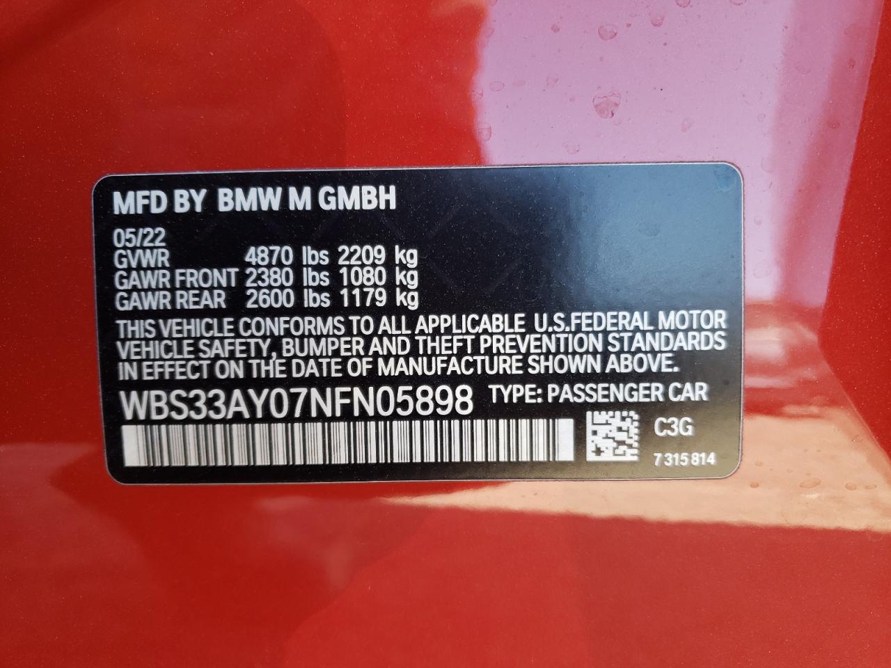 2022 BMW M3 COMPETITION VIN:WBS33AY07NFN05898