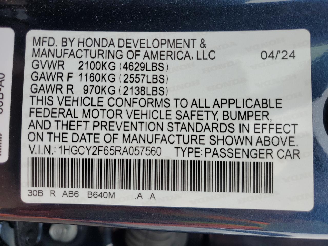 2024 HONDA ACCORD HYBRID EXL VIN:1HGCY2F65RA057560