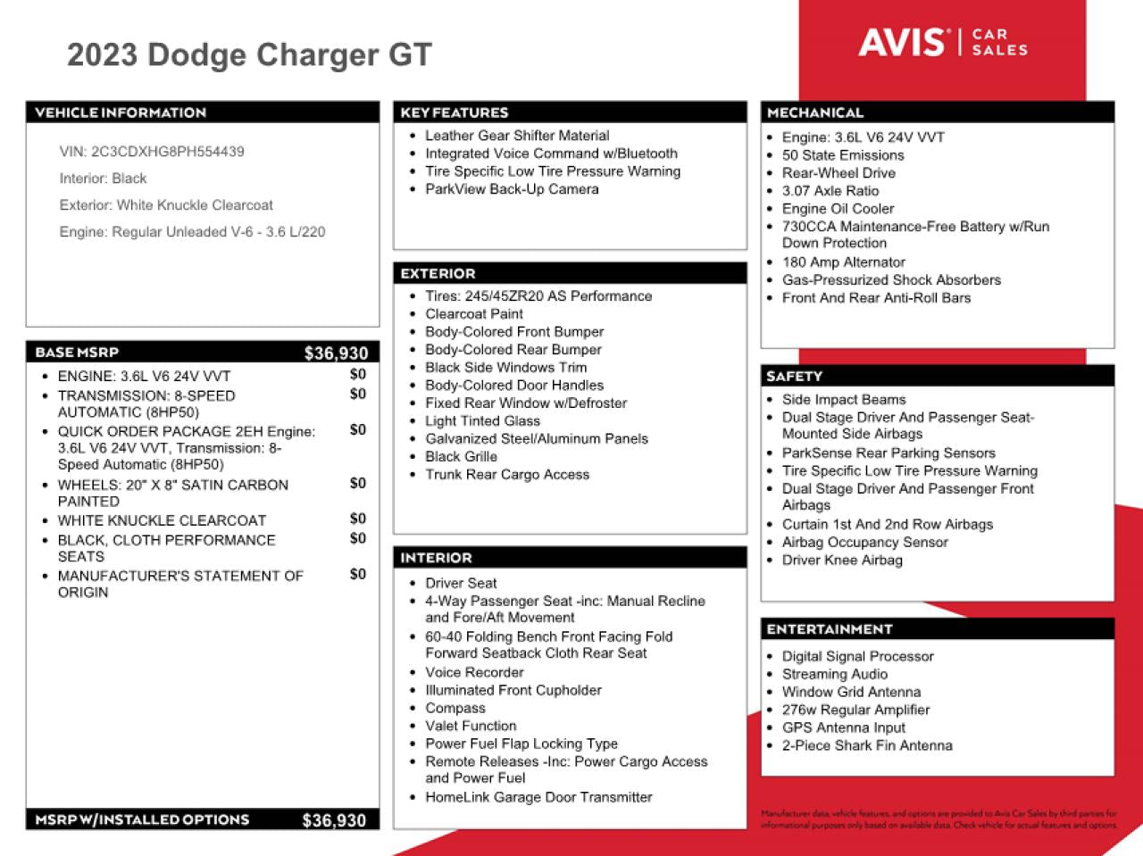 2023 DODGE CHARGER GT VIN:2C3CDXHG8PH554439