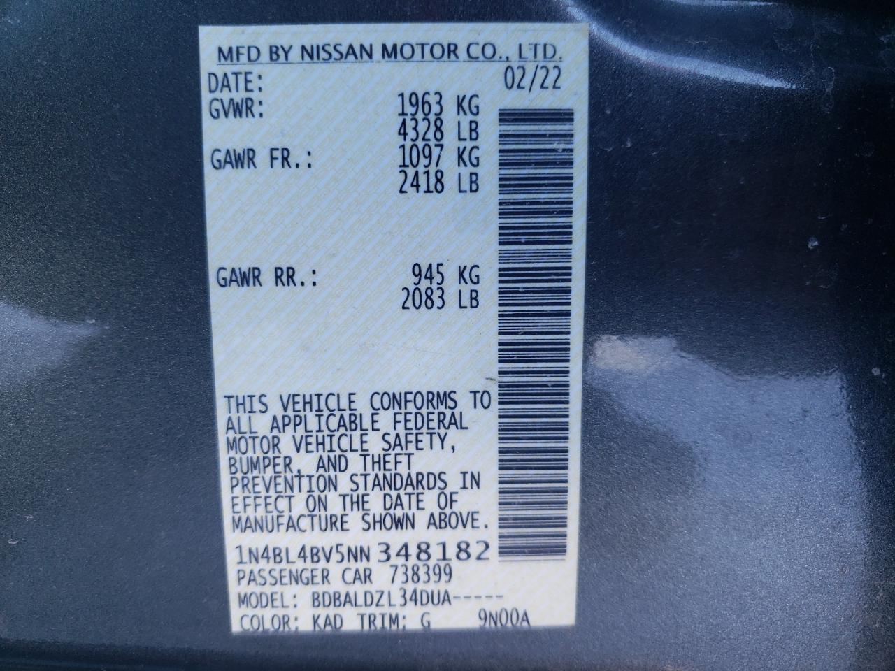 2022 NISSAN ALTIMA S VIN:1N4BL4BV5NN348182