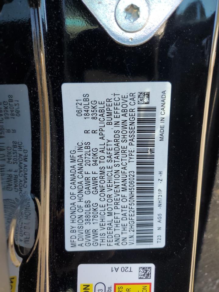 2022 HONDA CIVIC SPORT VIN:2HGFE2F50NH506023