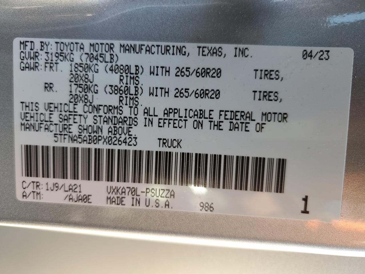 2023 TOYOTA TUNDRA CREWMAX PLATINUM VIN:5TFNA5AB0PX026423