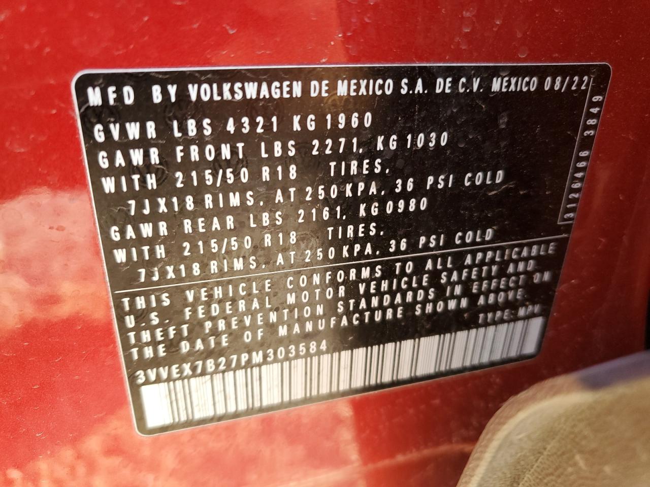 2023 VOLKSWAGEN TAOS SE VIN:3VVEX7B27PM303584