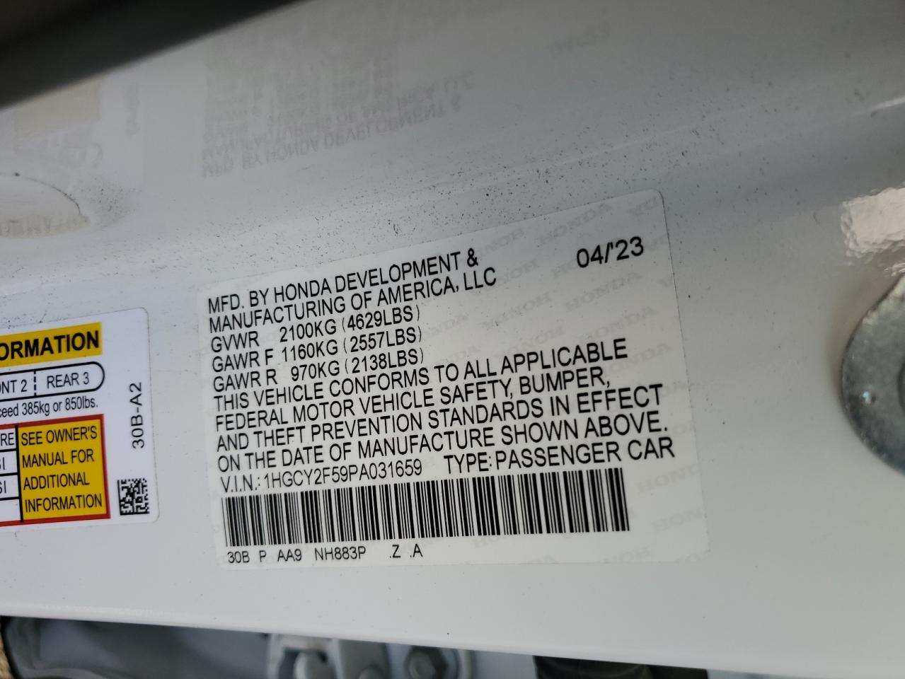 2023 HONDA ACCORD HYBRID SPORT VIN:1HGCY2F59PA031659
