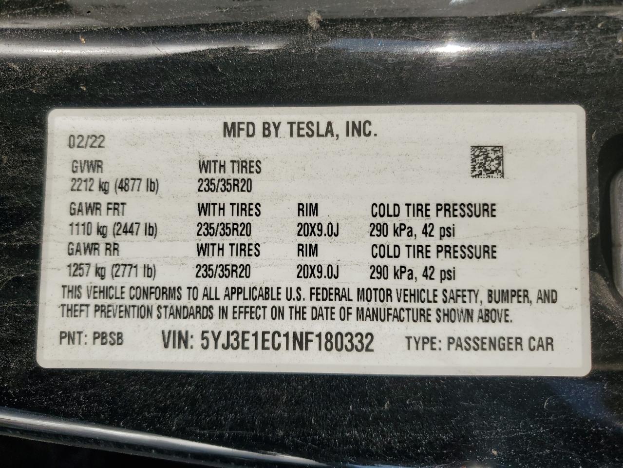 2022 TESLA MODEL 3  VIN:5YJ3E1EC1NF180332