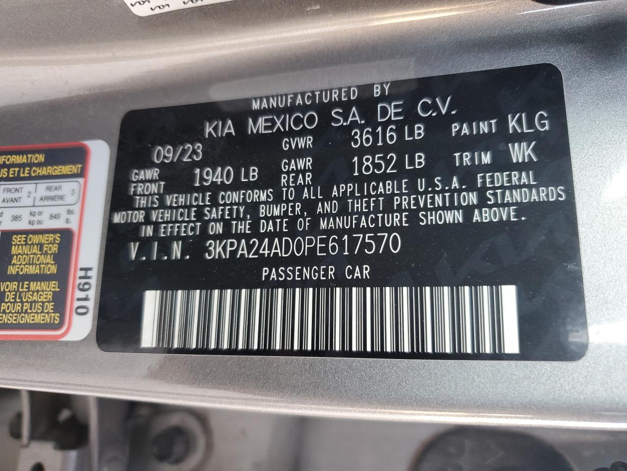2023 KIA RIO LX VIN:3KPA24AD0PE617570