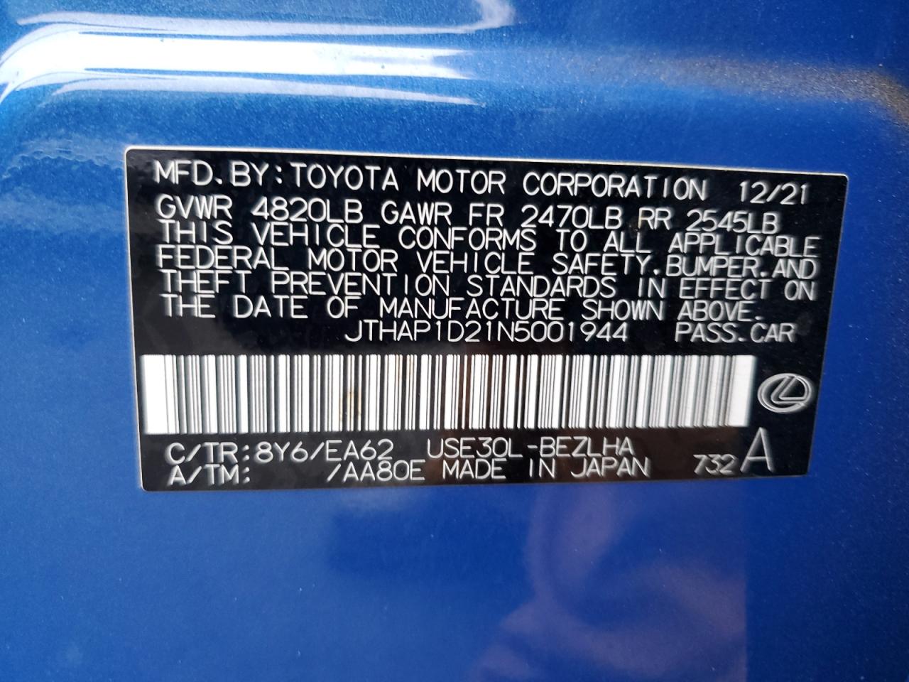 2022 LEXUS IS 500 F SPORT VIN:JTHAP1D21N5001944