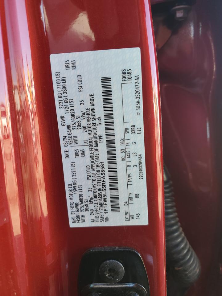 2024 FORD F150 LARIAT VIN:1FTFW5L55RFA58581