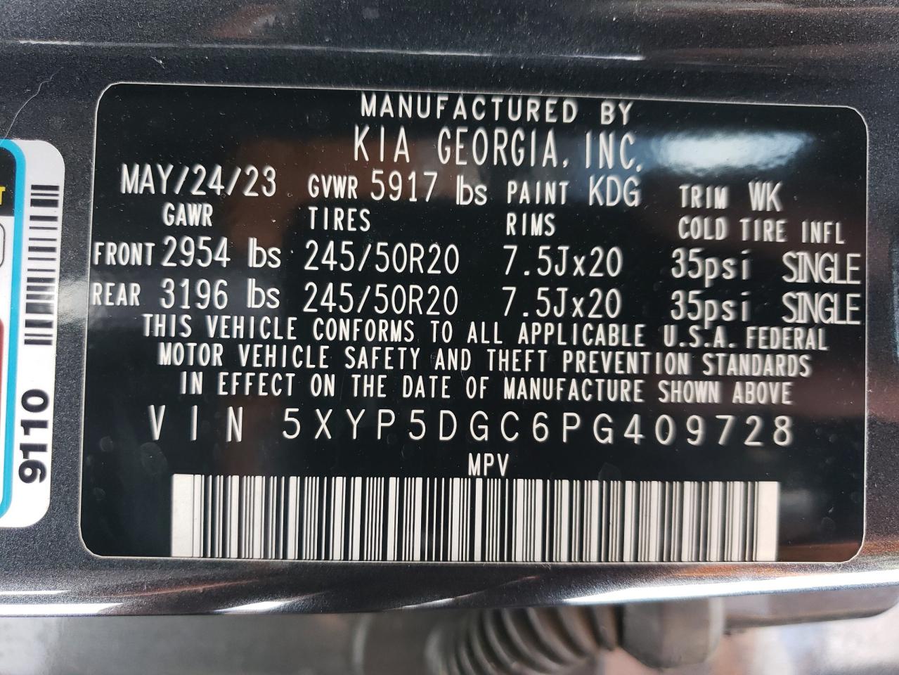 2023 KIA TELLURIDE SX VIN:5XYP5DGC6PG409728