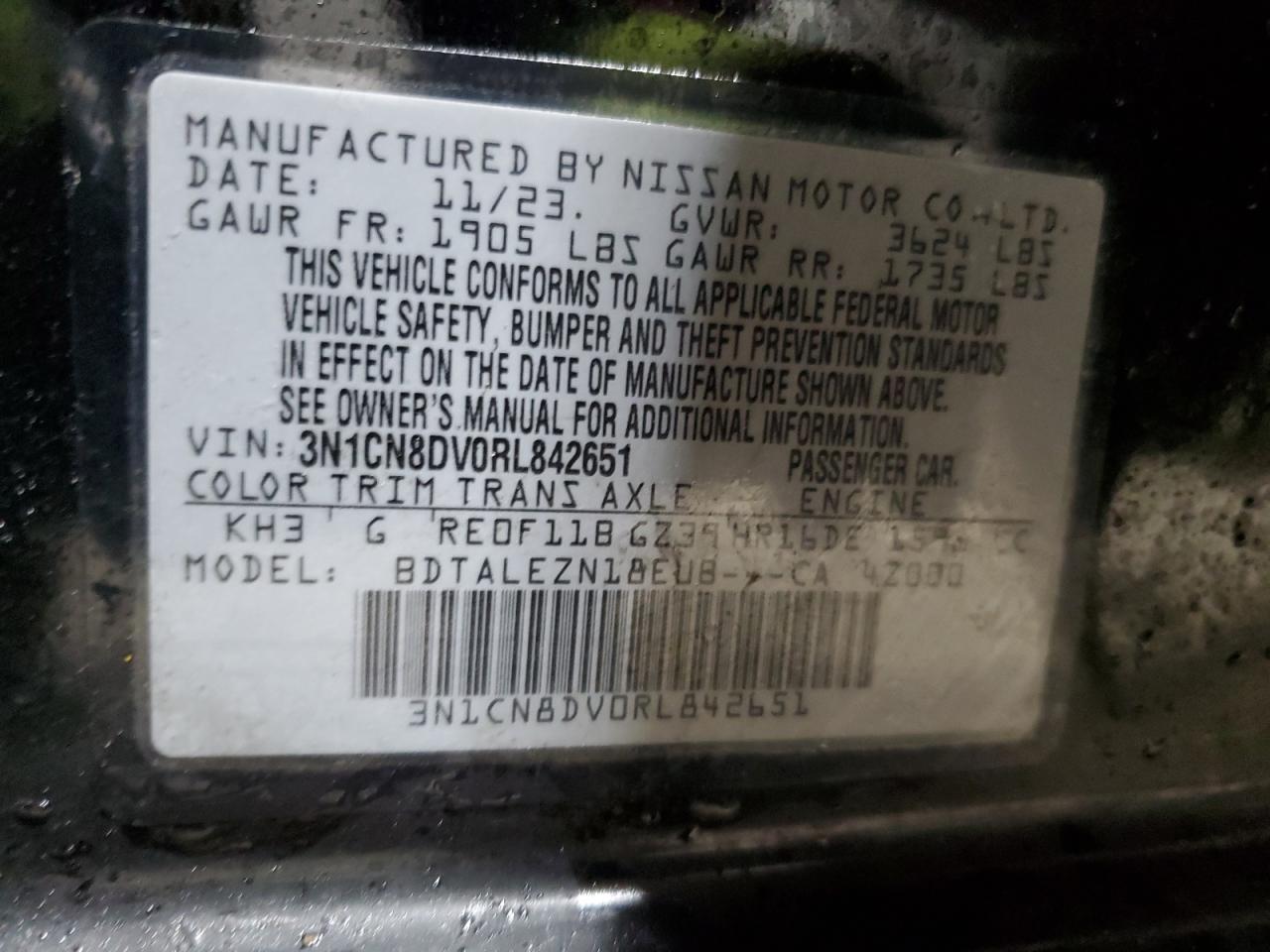 2024 NISSAN VERSA S VIN:3N1CN8DV0RL842651