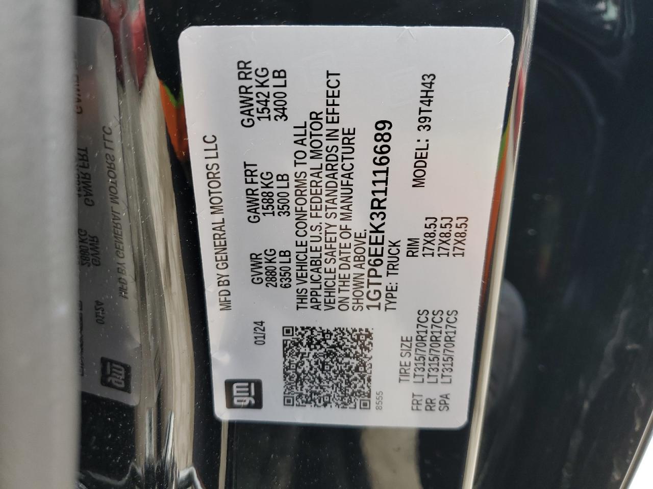 2024 GMC CANYON AT4X VIN:1GTP6EEK3R1116689