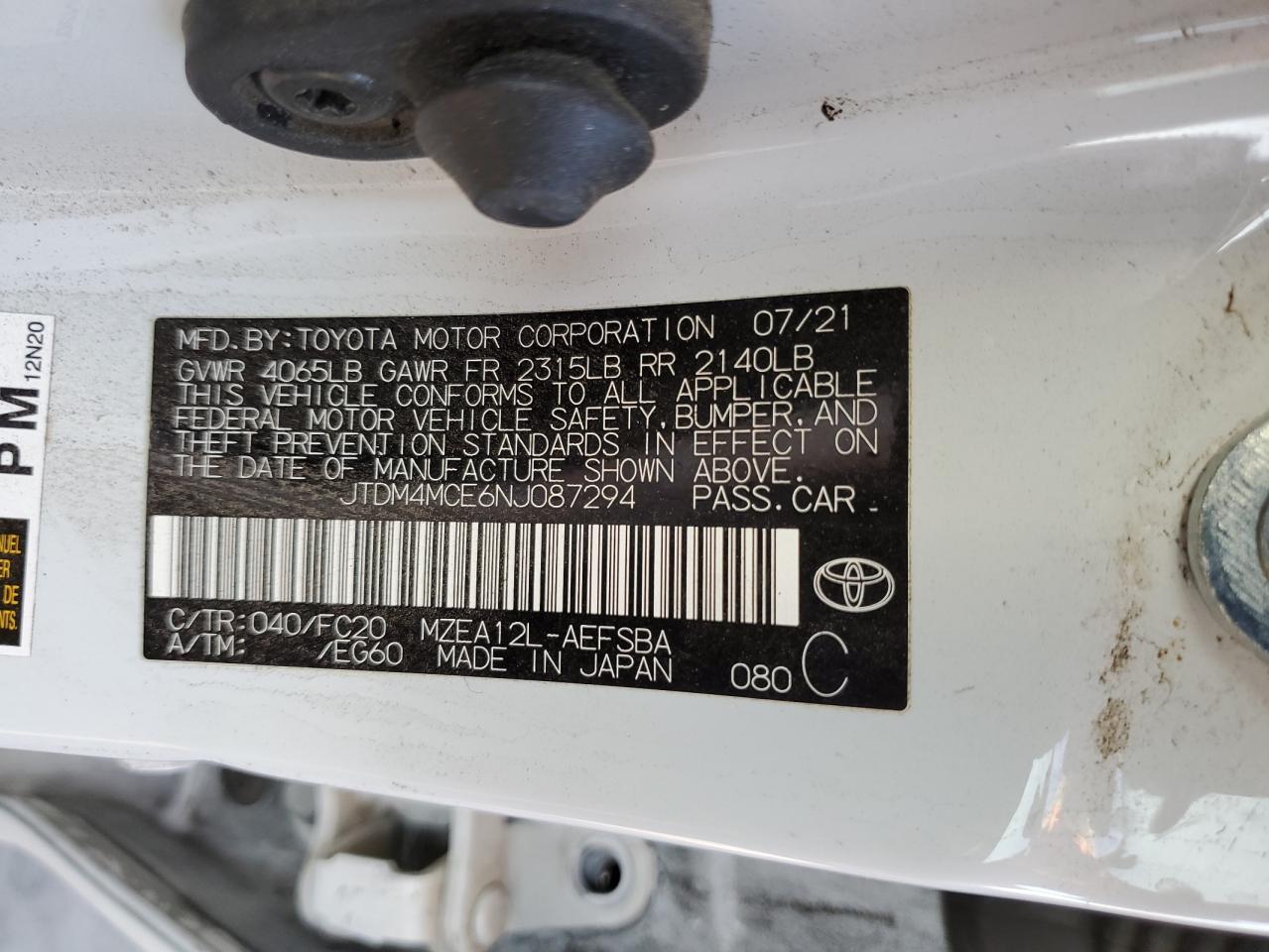 2022 TOYOTA COROLLA SE VIN:JTDM4MCE6NJ087294