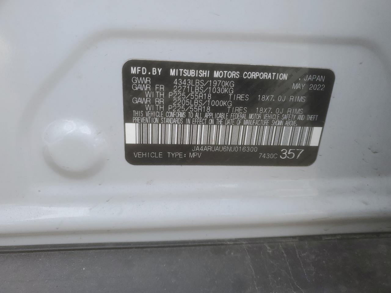 2022 MITSUBISHI OUTLANDER SPORT ES VIN:JA4ARUAU6NU016300