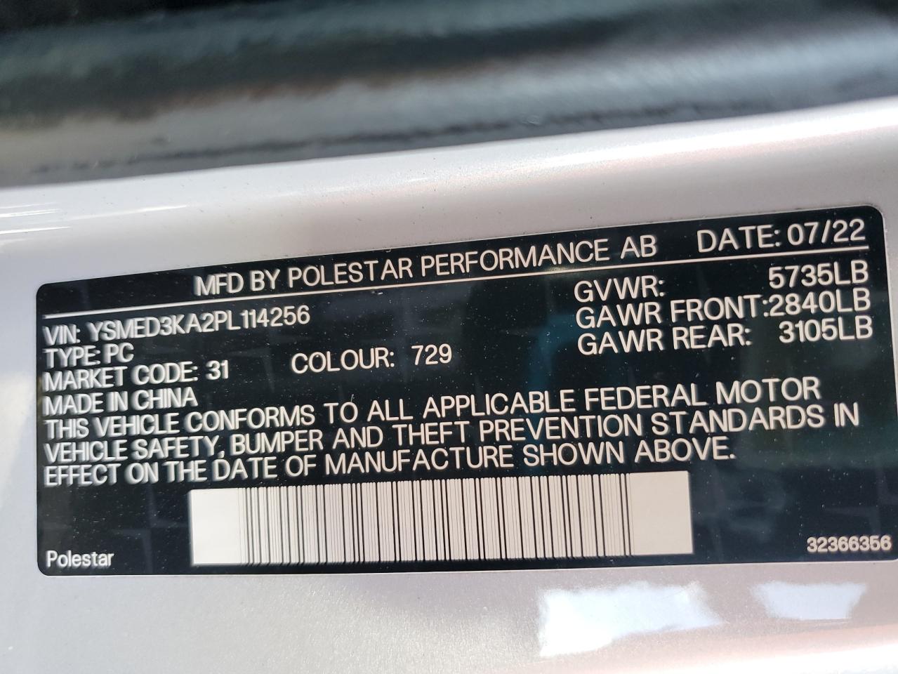 2023 POLESTAR 2  VIN:YSMED3KA2PL114256