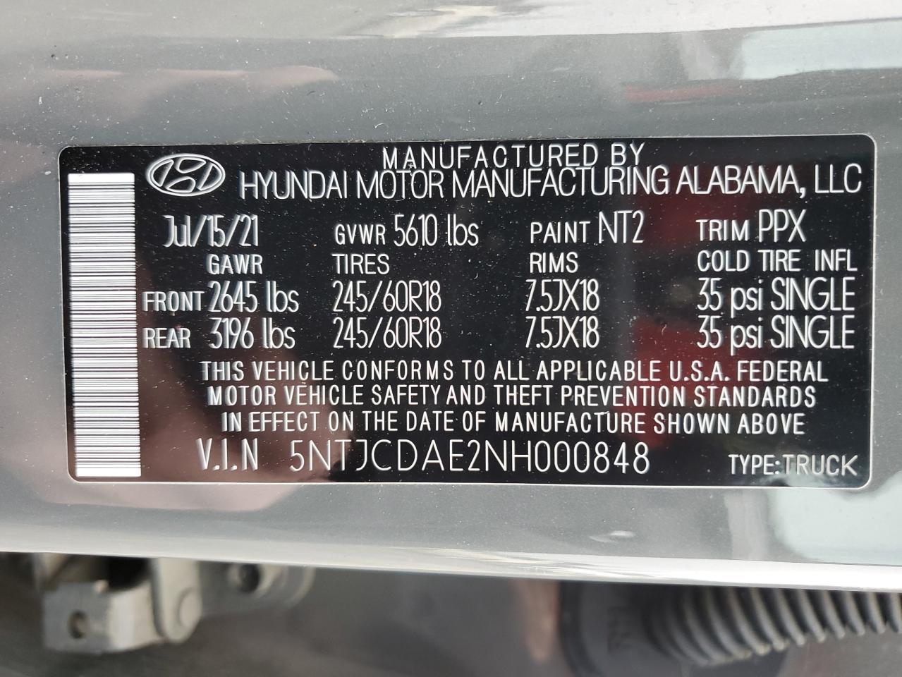 2022 HYUNDAI SANTA CRUZ SEL VIN:5NTJCDAE2NH000848