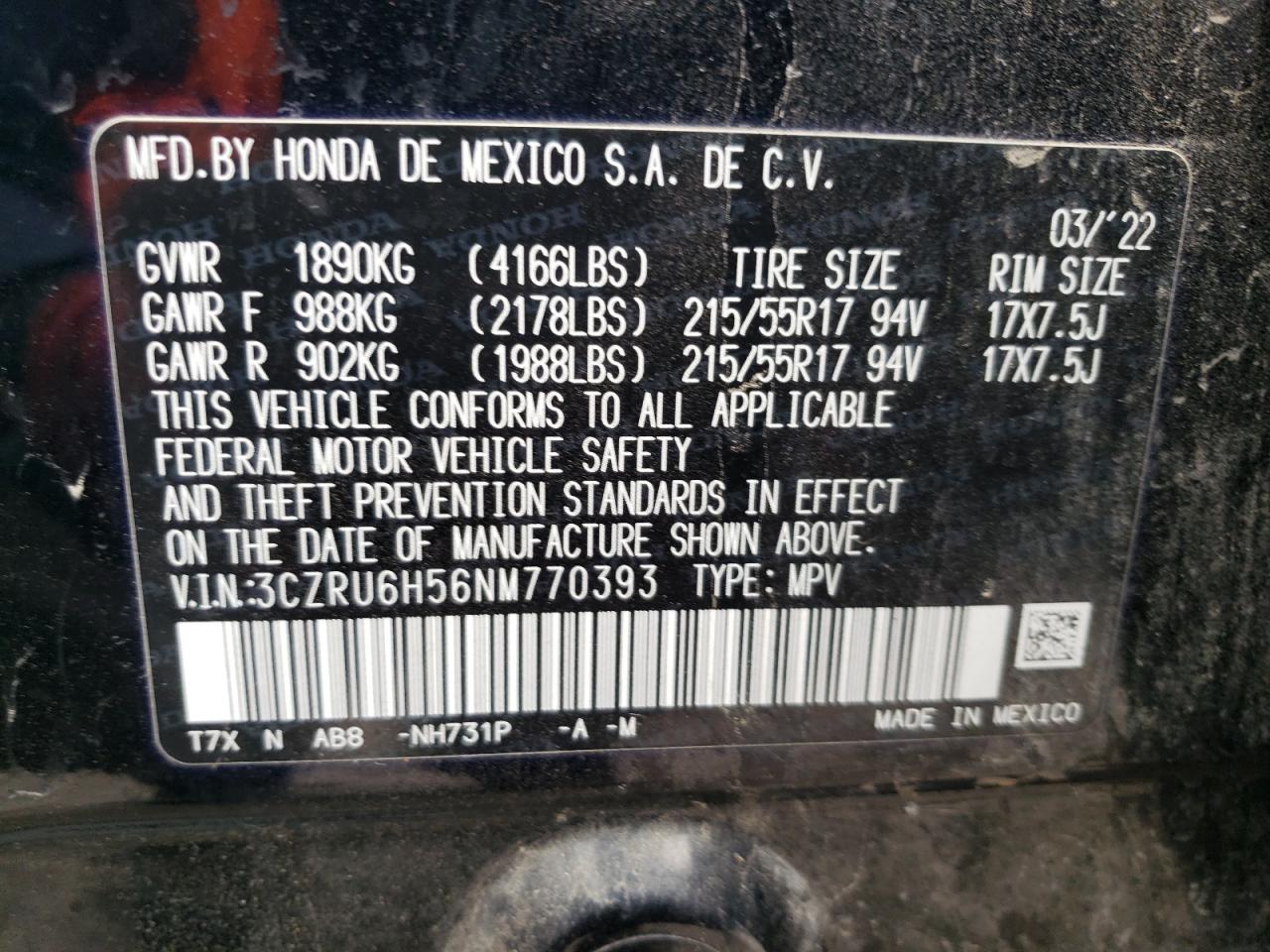 2022 HONDA HR-V EX VIN:3CZRU6H56NM770393