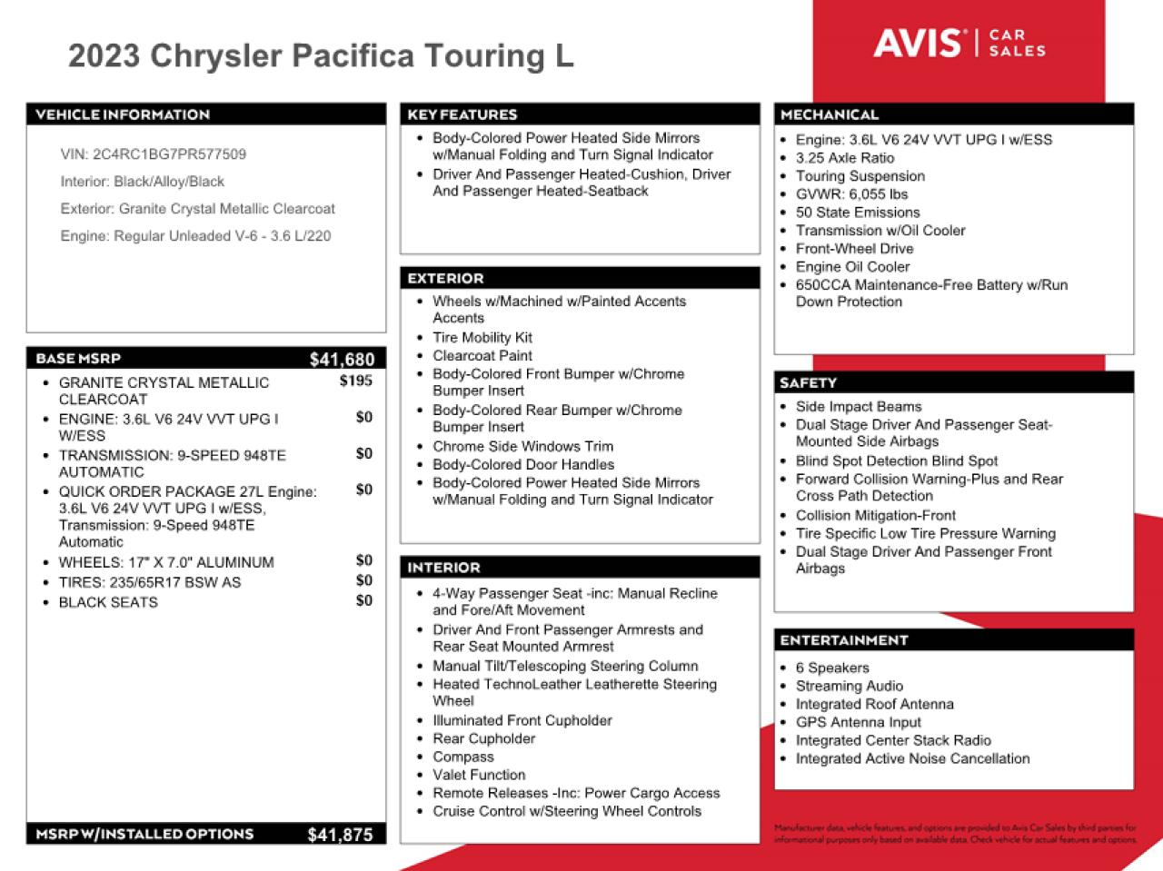 2023 CHRYSLER PACIFICA TOURING L VIN:2C4RC1BG7PR577509