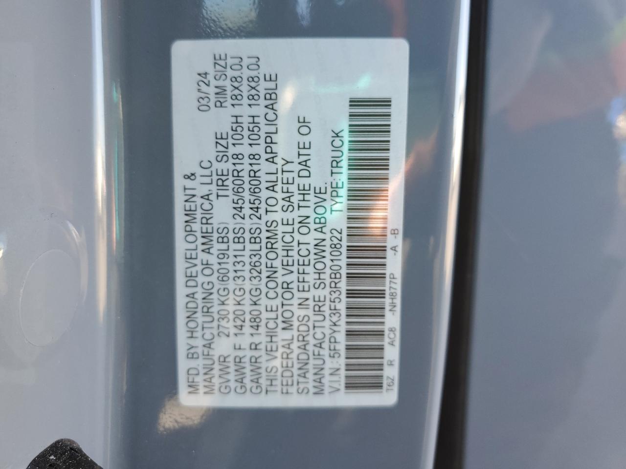 2024 HONDA RIDGELINE RTL VIN:5FPYK3F53RB010822