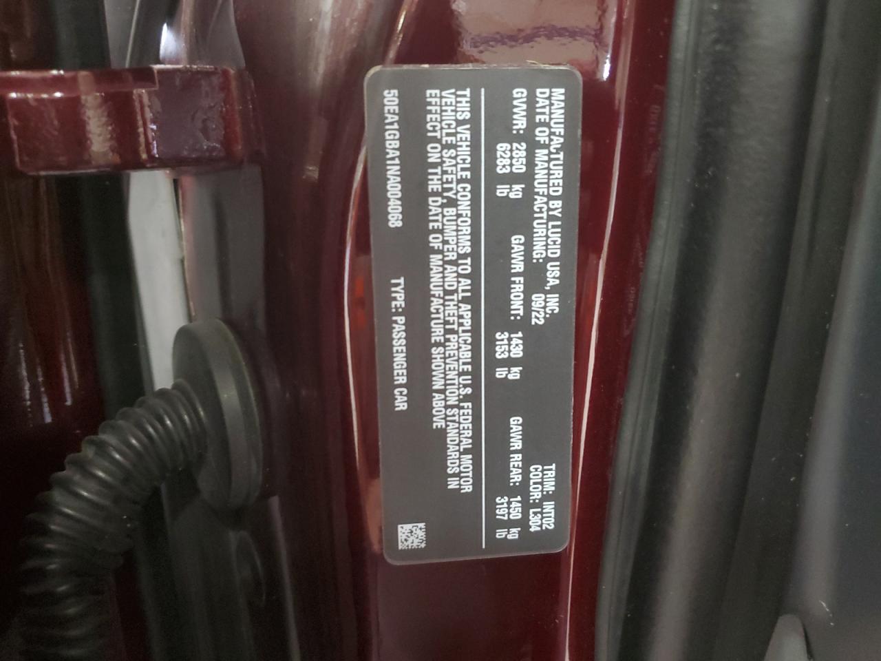 2022 LUCID MOTORS AIR GRAND TOURING VIN:50EA1GBA1NA004068