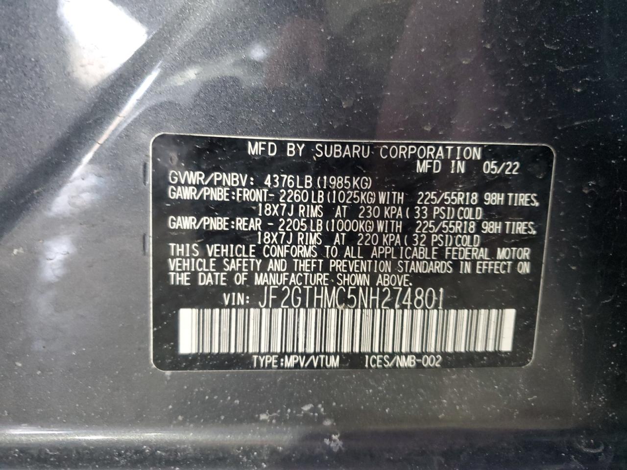 2022 SUBARU CROSSTREK LIMITED VIN:JF2GTHMC5NH274801